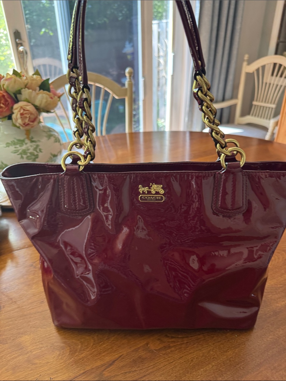 Coach Patent Leather Tote in Burgundy with Gold Hardware